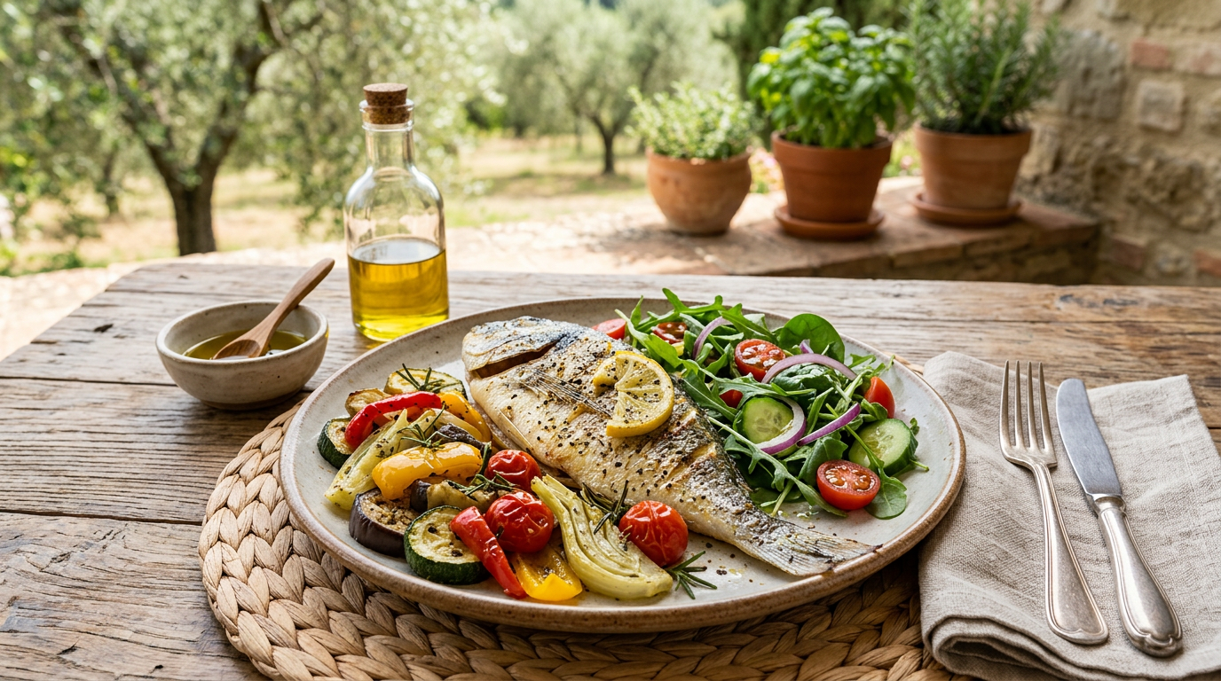 Piatto di salmone grigliato con asparagi e spicchi di limone su un tavolo di legno.