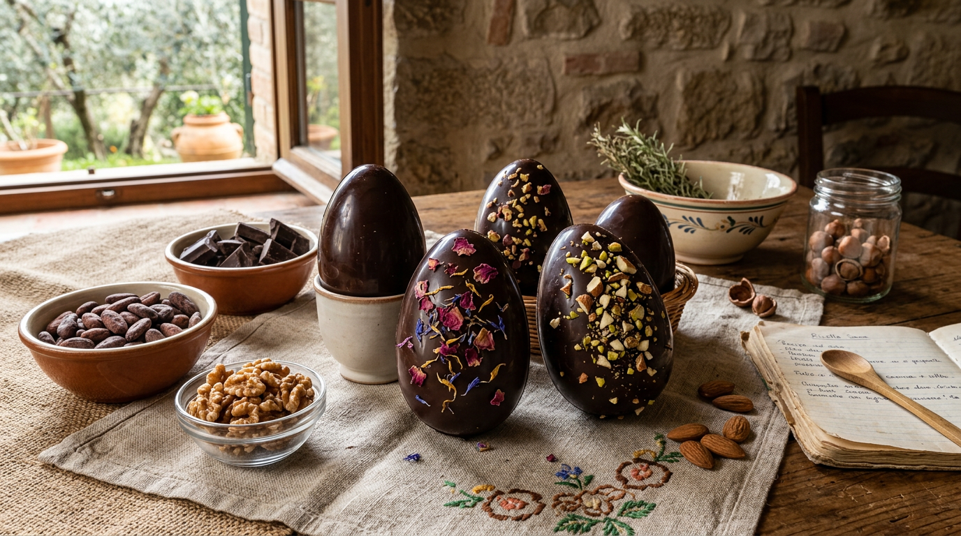 Ciotola di cioccolato fondente fuso con spatola e uova di Pasqua fatte in casa in sottofondo