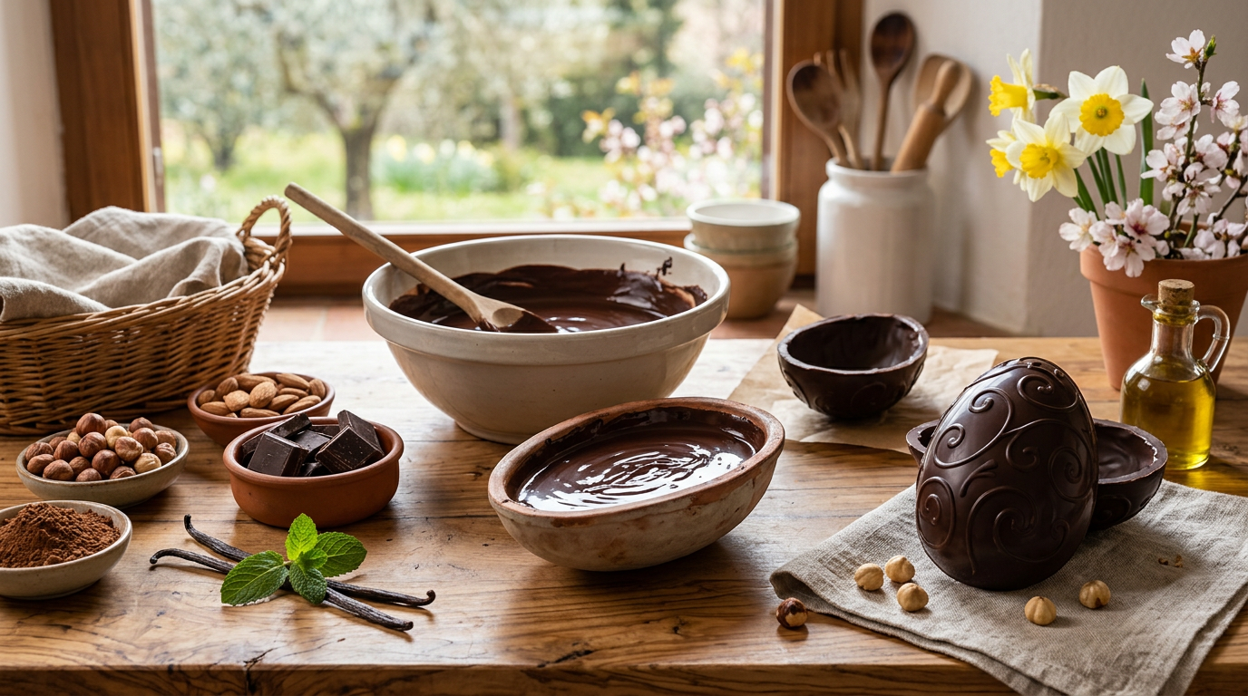 Ciotola di cioccolato fondente fuso con mandorle tostate e stampi per uova di Pasqua sul tavolo di legno
