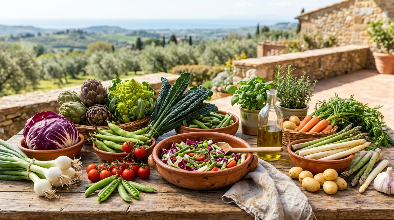 Cesto di vimini colmo di verdure fresche e colorate di stagione su un tavolo di legno rustico.