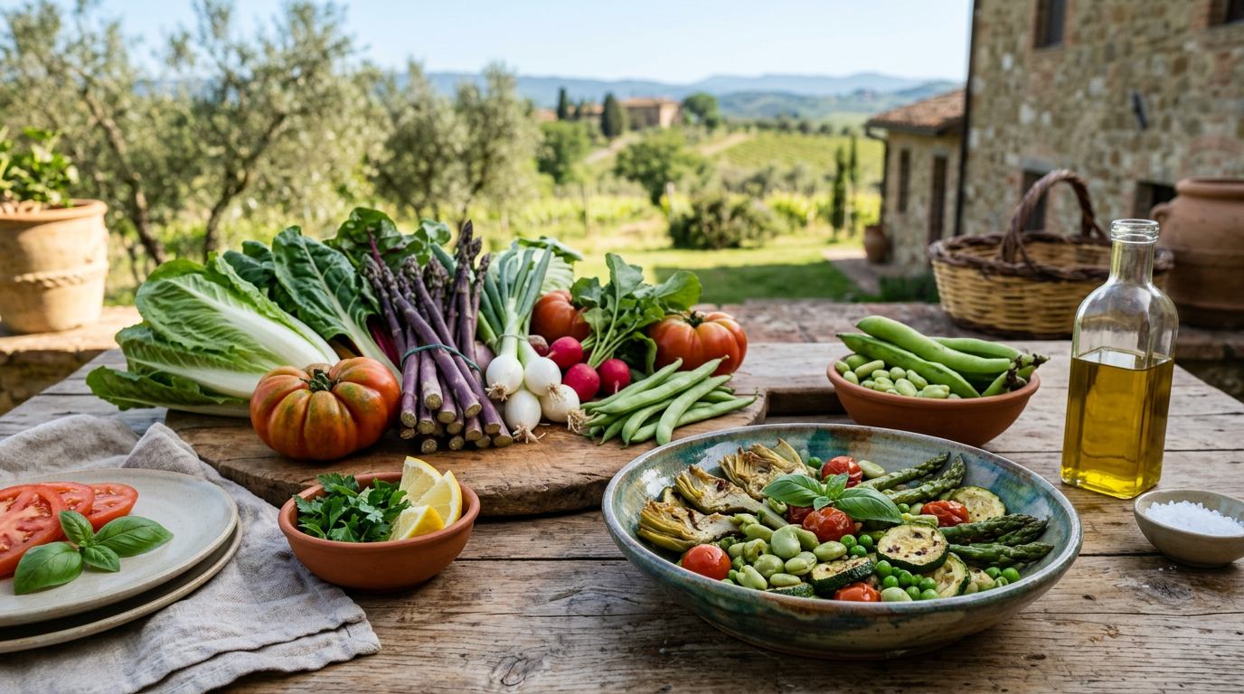 Cesto in vimini colmo di verdure fresche e colorate di stagione, come pomodori, carote, broccoli e zucchine.