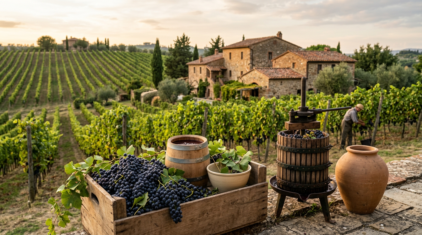Un bicchiere di vino rosso su un tavolo di legno accanto a grappoli d'uva matura e una bottiglia