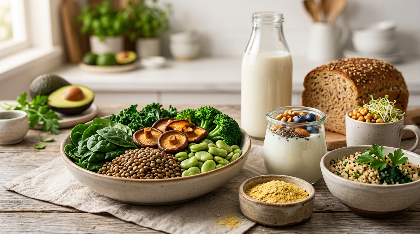 Verdure fresche e germogli verdi su un tagliere di legno, con integratori di vitamina B12 sullo sfondo.