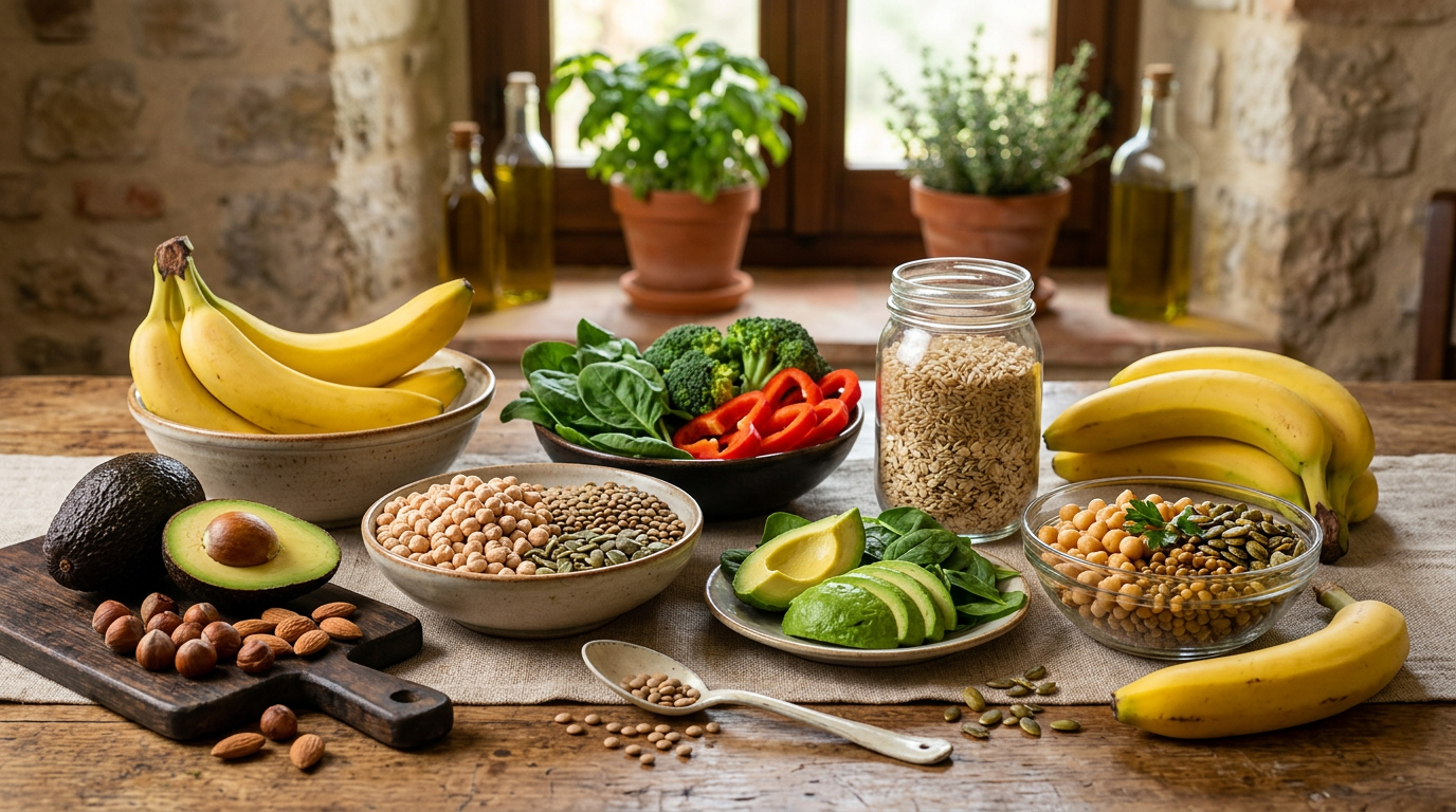 Cesto di vimini con alimenti ricchi di Vitamina B6: banane, avocado, salmone, ceci e noci.