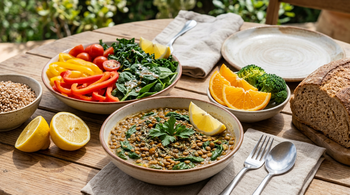 Ciotola di spinaci freschi con spicchi di limone e pomodorini, a simboleggiare l'abbinamento ottimale di ferro vegetale e vitamina C.