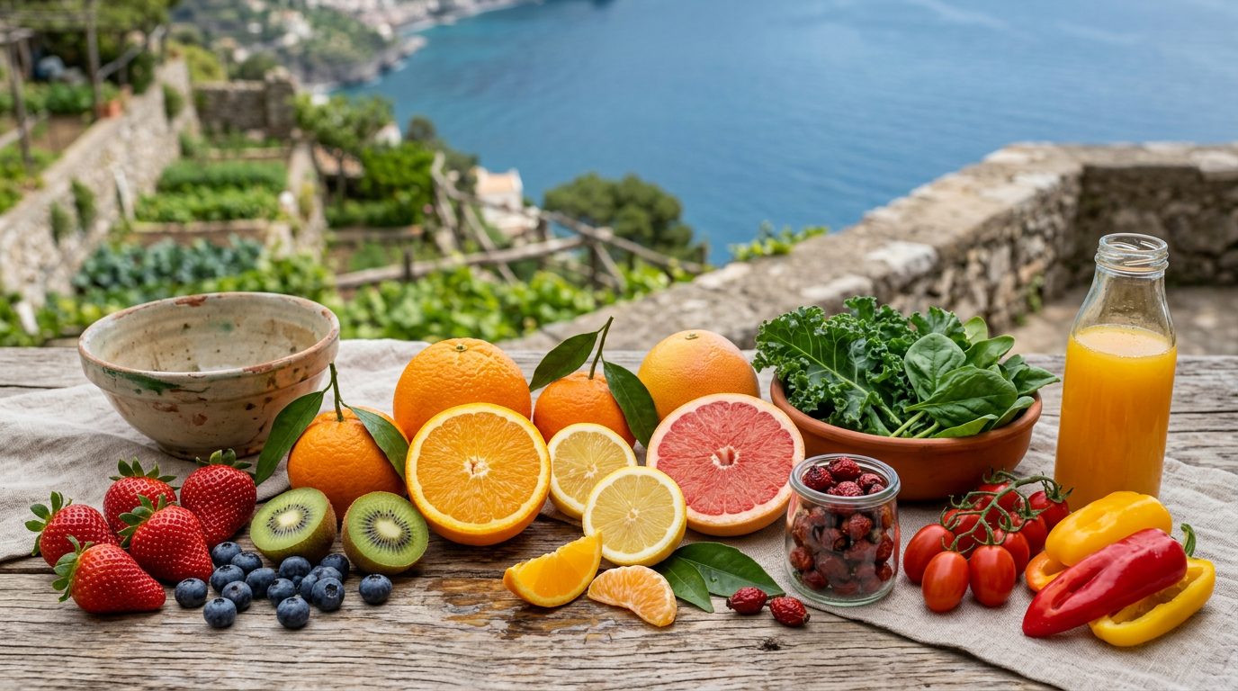 Ciotola bianca piena di agrumi freschi come arance, limoni e pompelmi, circondata da kiwi e fragole.