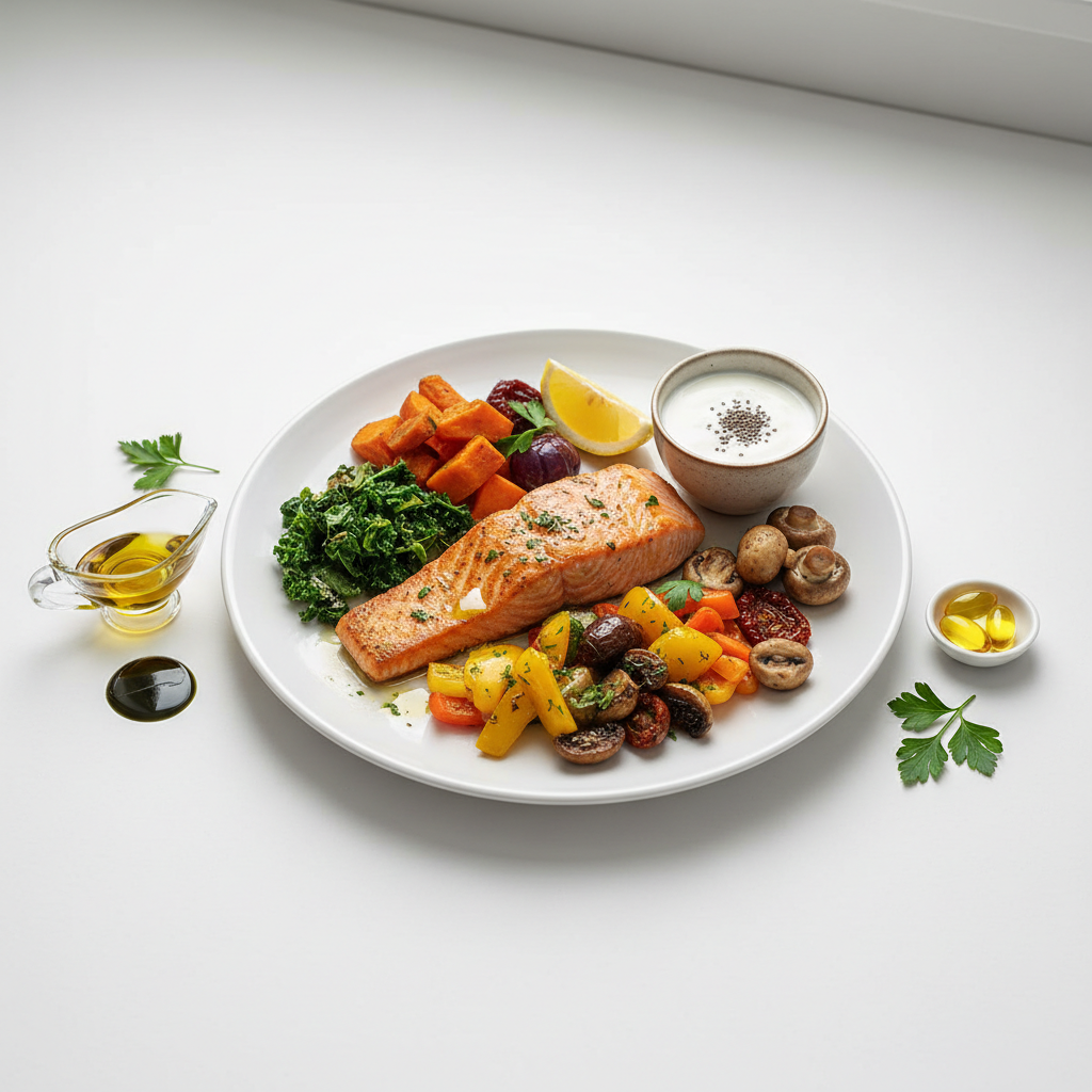 Immagine di sole che illumina la pelle, con vitamina D rappresentata graficamente da molecole leggere integrate con alimenti come salmone e tuorlo d'uovo