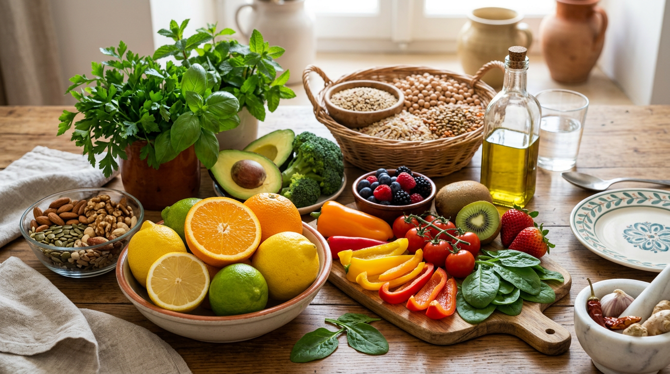 Una selezione colorata di frutta e verdura fresca, ricca di vitamine naturali, disposta su un tavolo di legno.