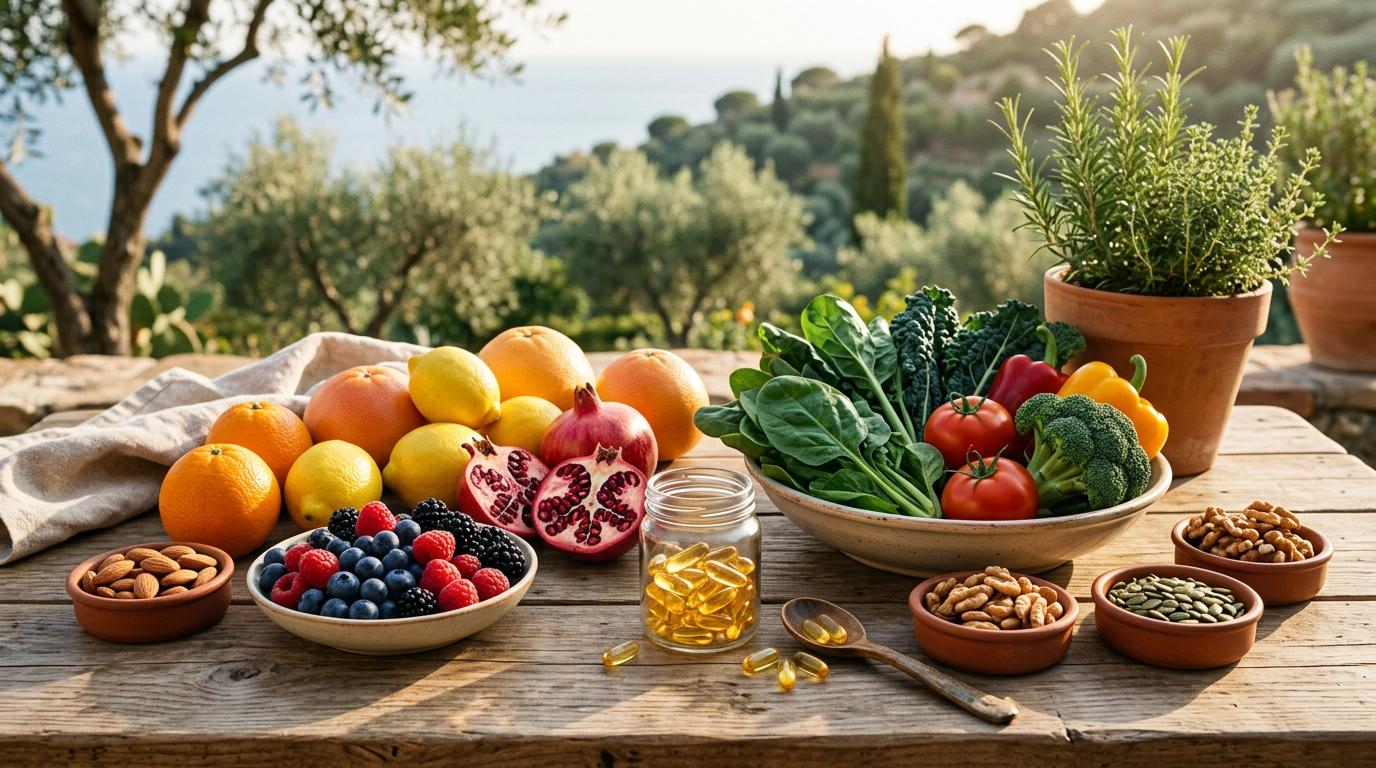 Ciotole colorate con frutta, verdura, semi e noci, rappresentanti le diverse fonti di vitamine.