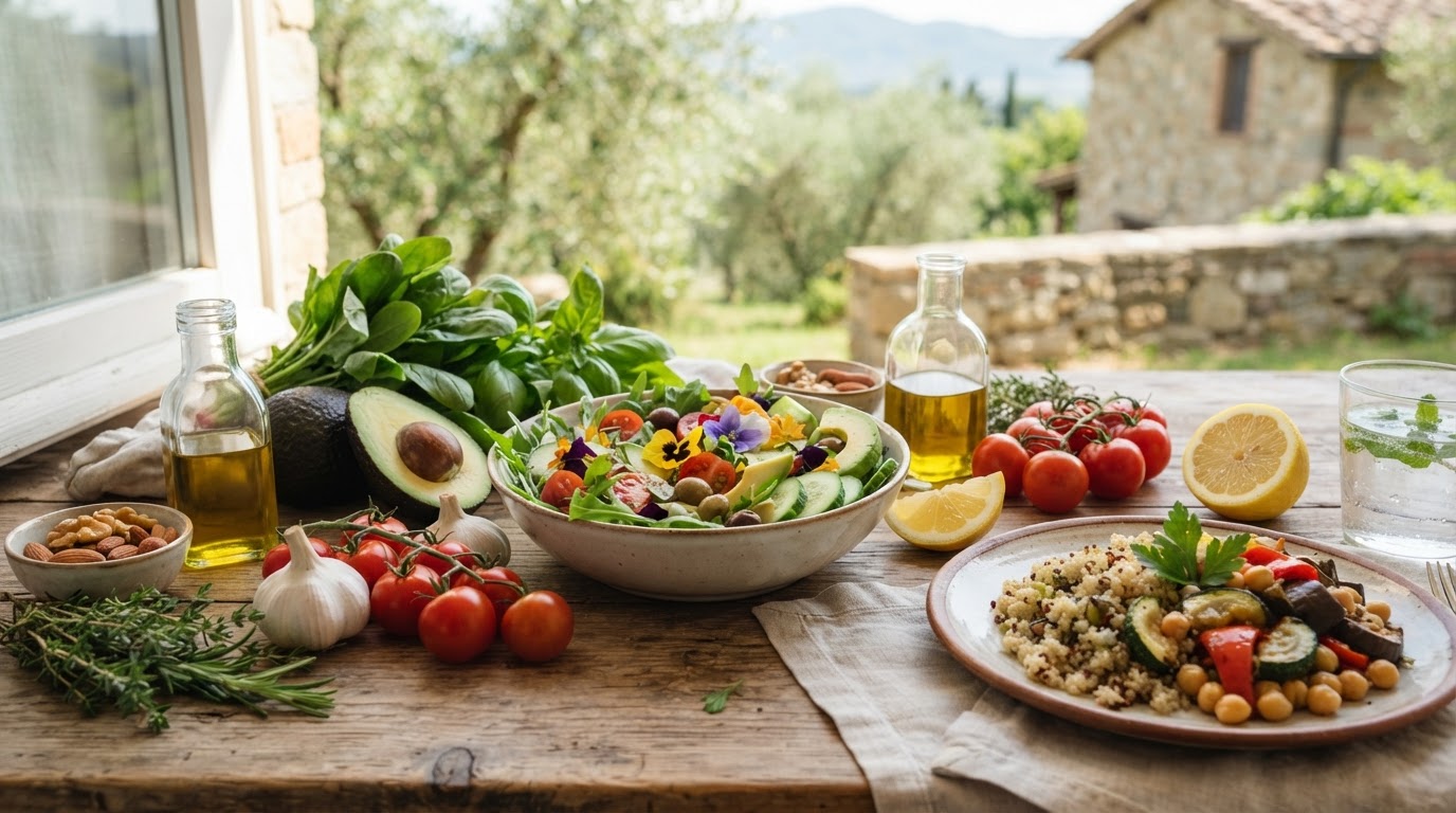 Barattoli di integratori per lo sport con ingredienti naturali e bilanciere sullo sfondo
