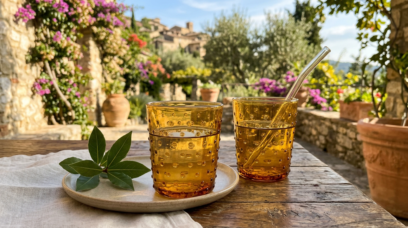 Un bicchiere di vetro con acqua e pistilli di zafferano in infusione, accanto a un piccolo mucchio di stimmi rossi su un tavolo di legno.