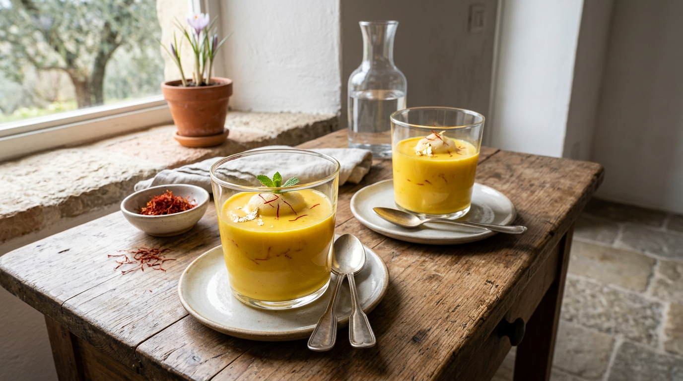 Bicchiere di infuso di zafferano caldo con pistilli di zafferano visibili e un piccolo mortaio accanto.