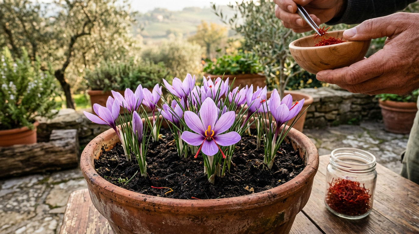 Mano che raccoglie delicatamente i fiori viola di Crocus sativus in un campo