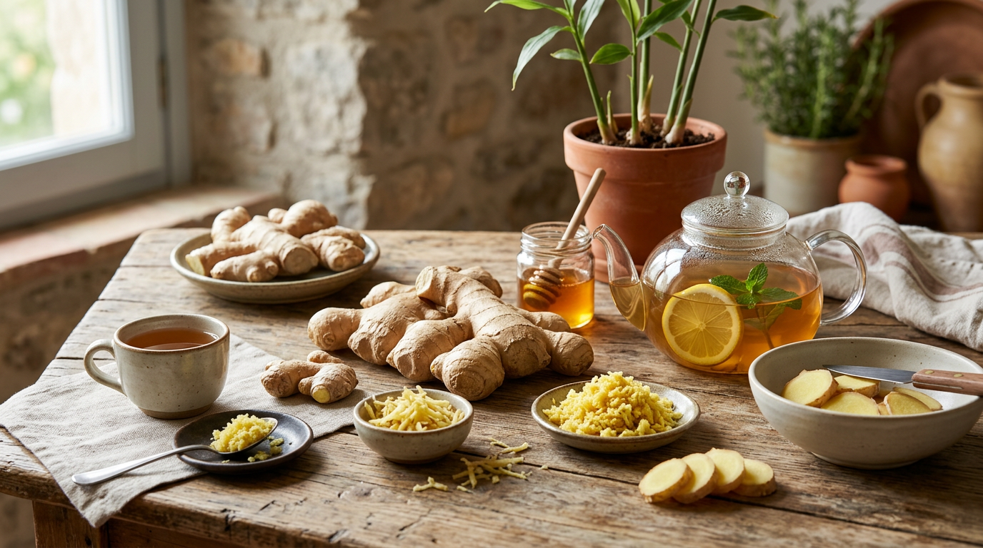 Radice di zenzero fresca su un tagliere di legno con alcune fettine e una tazza di tisana fumante sullo sfondo.