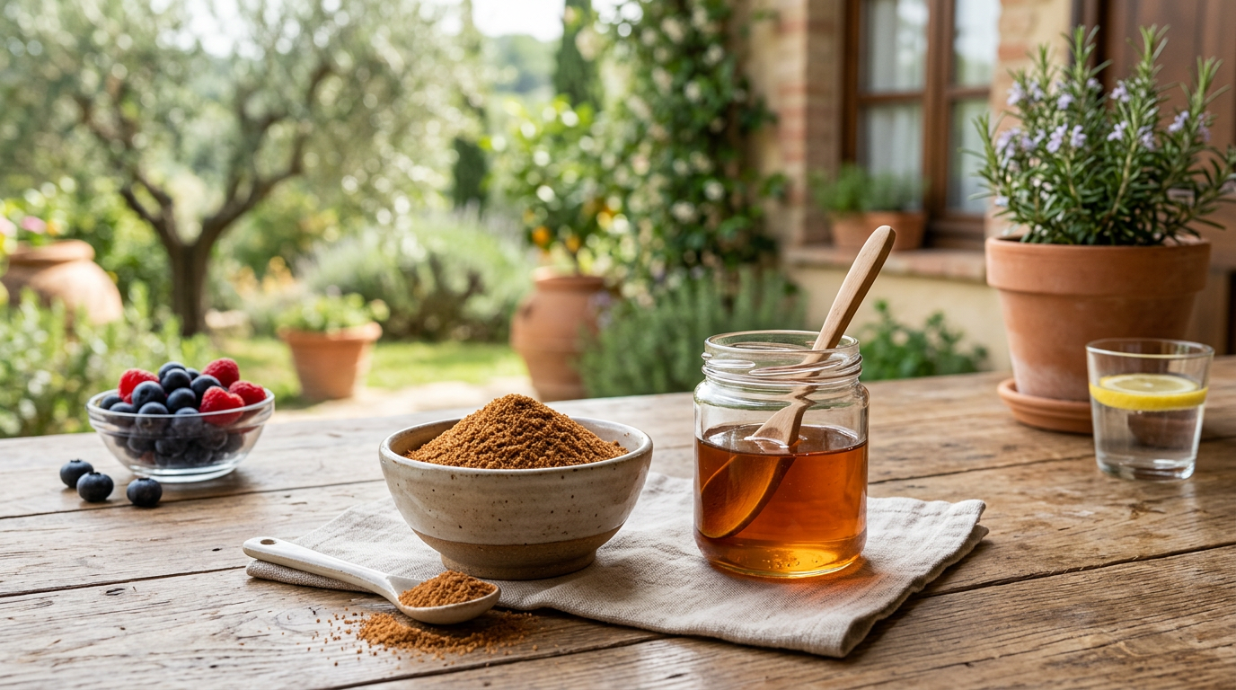 Vari tipi di dolcificanti naturali come miele, sciroppo d'acero, stevia ed eritritolo in ciotole di legno su un tavolo chiaro.