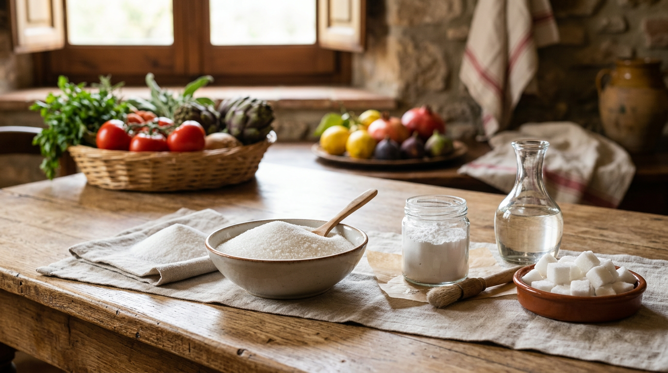 Zucchero bianco raffinato che cade da un cucchiaio in una ciotola di vetro