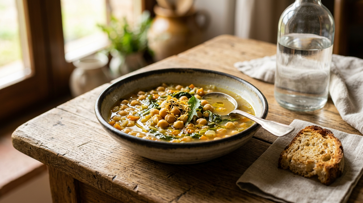 Ciotola di zuppa di ceci e tarassaco fumante guarnita con un filo d'olio d'oliva e un rametto di rosmarino su un tavolo di legno.