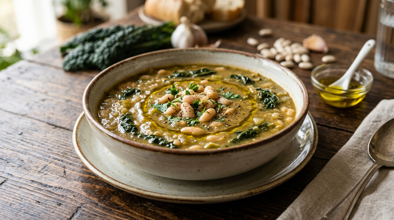 Ciotola di zuppa cremosa di fagioli cannellini e verdure, guarnita con foglie di prezzemolo fresco e un filo d'olio evo.