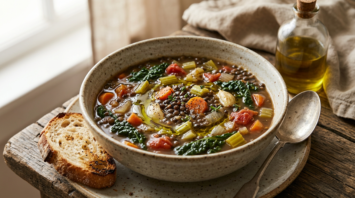 Grande ciotola di zuppa fumante di lenticchie nere Beluga con verdure fresche e un rametto di rosmarino, su un tavolo di legno.