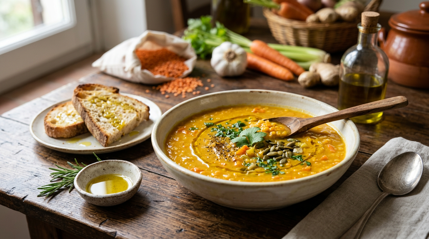 Ciotola di zuppa di lenticchie rosse e curcuma, guarnita con prezzemolo fresco, una fetta di limone e pepe nero macinato.